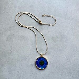 Handmade Dried Blue Daisy Gold Pendant Necklace
